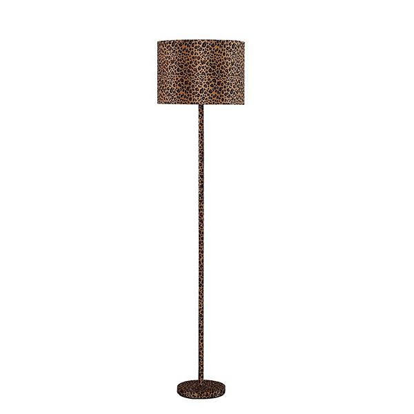 Fabric Wrapped Floor Lamp with Dotted Animal Print, Brown and Black Benzara