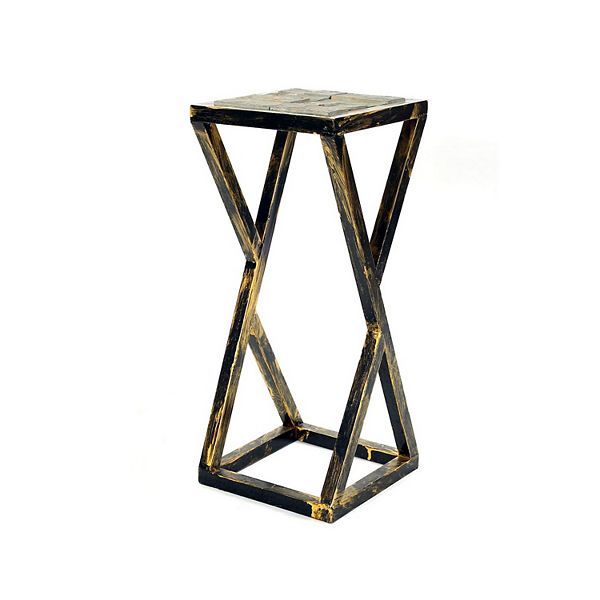 19.5 Inches Stone Top Plant Stand with Geometric Base, Black and Gray Benzara