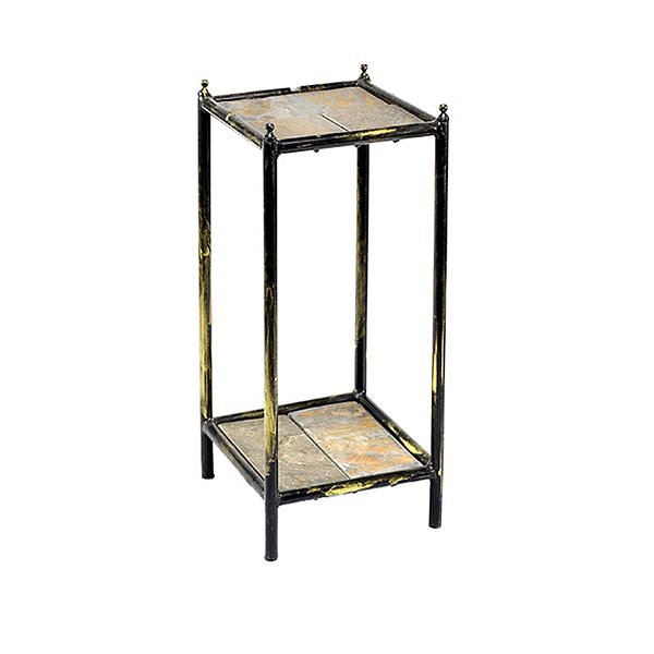 2 Tier Square Stone Top Plant Stand with Metal Frame, Small, Black and Gray Benzara