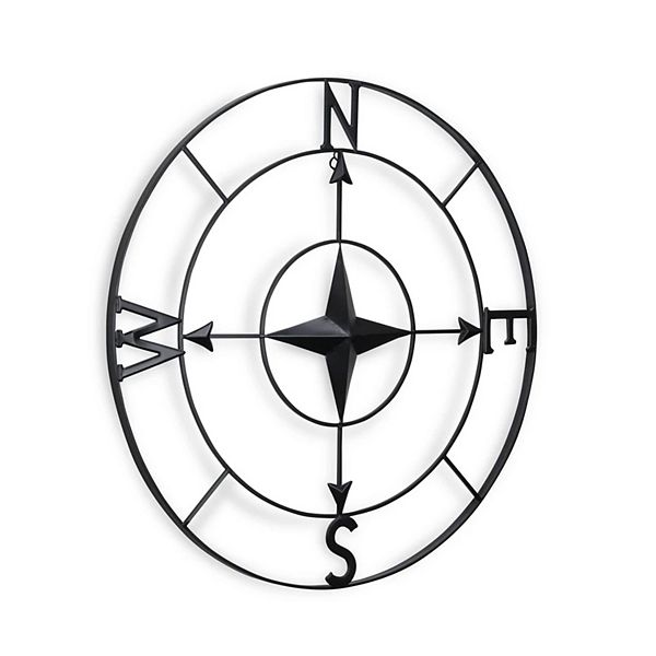 30" Black Round Metal Compass Handcrafted Wall Decor Contemporary Home Living