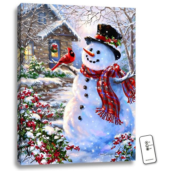 24" x 18" White and Red Snowman and Feathered Friend Backlit LED Wall Art with Remote Control Glow Decor