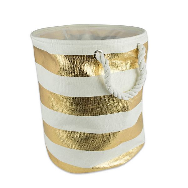 20" White and Gold Cylindrical Stripe Storage Bin Contemporary Home Living