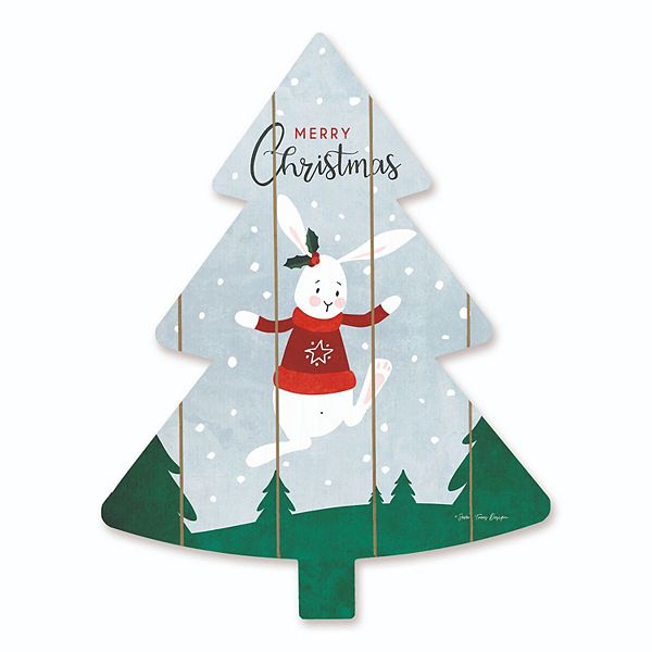 18" Green and White Merry Christmas Bunny Tree Wall Hanging Penny Lane Publishing