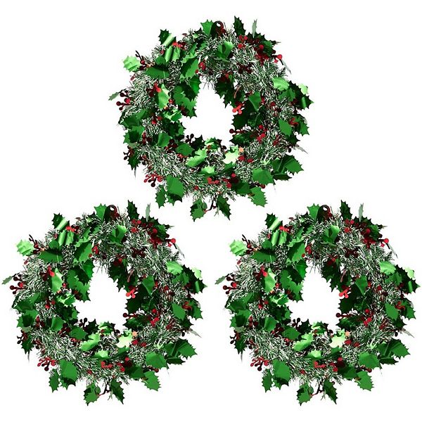 3 Pack Small Green Tinsel Front Door Wreath for Christmas, Holiday Decor, 12x12" Juvale