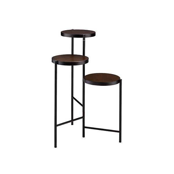 3 Tier Plant Stand with Round Wooden Shelves and Foldable Design, Black Benzara