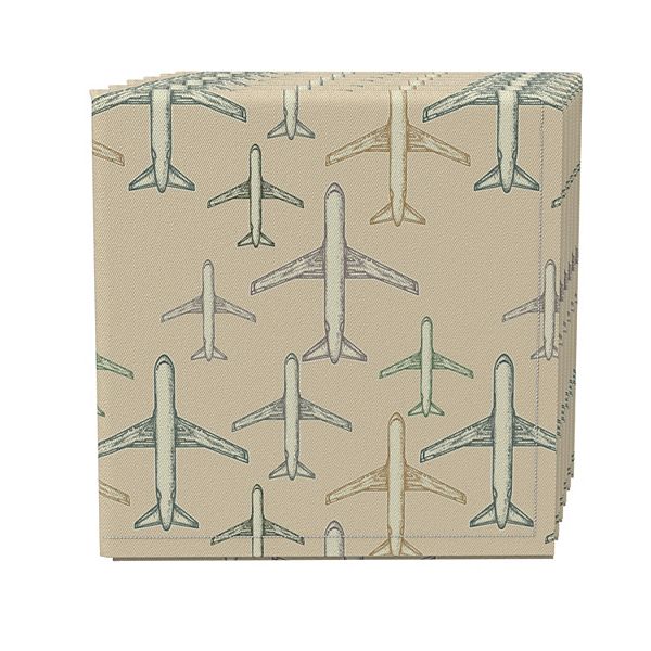 Napkin Set of 4, 100% Cotton, 20x20", Modern Airplane Sketch Fabric Textile Products