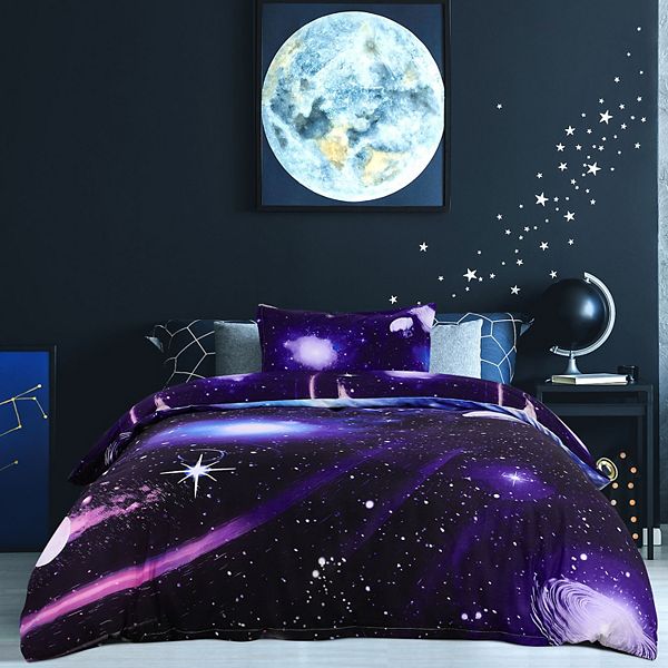 Galaxy Sky Cosmos Night Pattern 3D Printed Bedding Duvet Cover Set Dark Purple Single 3 Pcs PiccoCasa