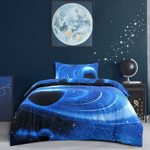 Star Sky Moon Night Duvet Cover Navy Blue 3pcs Twin PiccoCasa