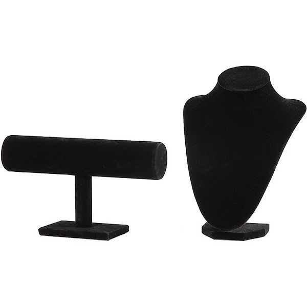 2-Piece Black Velvet Jewelry Display Set with T-Bar Stand and Mannequin Bust Juvale