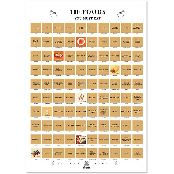 Scratch Off Poster, 100 Foods You Must Eat Bucket List (16.5 x 23.5 Inches) Okuna Outpost