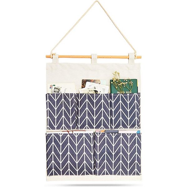 Blue Chevron Stripes Hanging Wall Organizer with 5 Pockets (17.5 x 14 in) Juvale