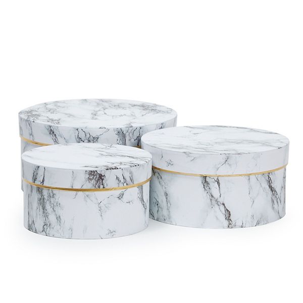 Set of 3 Small Round Gift Boxes with Lids, White Marble Print Cardboard Boxes (3 Sizes) Juvale