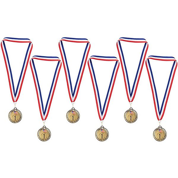 Juvale Gold Medals - 6-Pack Metal Winner Awards, Perfect for Sports, Competitions, Spelling Bees, Party Favors, 2.75 Inches Diameter with 16.3 Inch USA Ribbon Juvale