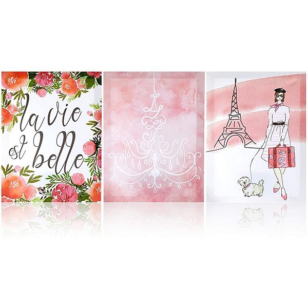 Juvale Paris Canvas Wall Art, Bedroom Print Set for Girls (12 x 15.8 x 0.6 in, 3 Pack) Juvale