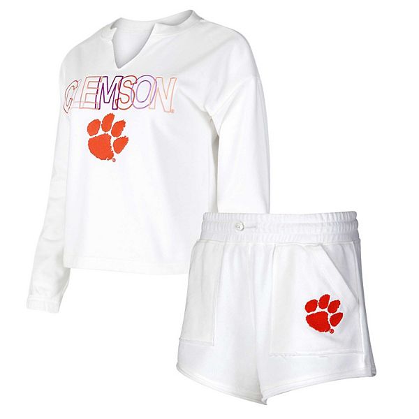 Women's Concepts Sport  White Clemson Tigers Sunray Notch Neck Long Sleeve T-Shirt & Shorts Set Unbranded