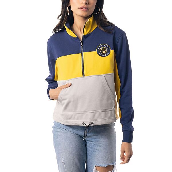 Женская Футболка The Wild Collective Темно-Синяя/Золотая Milwaukee Brewers Colorblock 1/4 Zip The Wild Collective