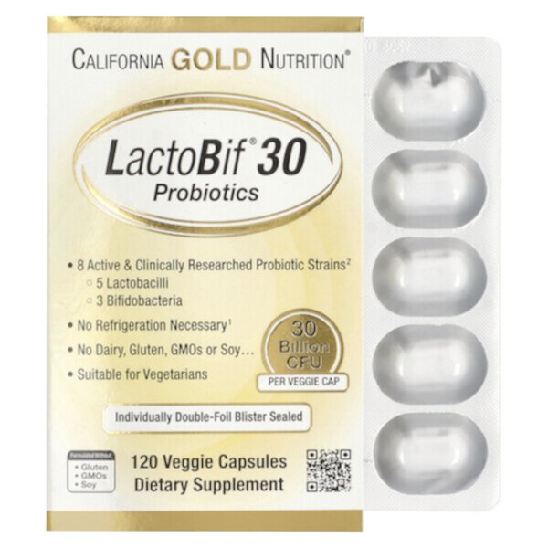 LactoBif® 30 миллиардов КОЕ, 120 вегетарианских капсул California Gold Nutrition