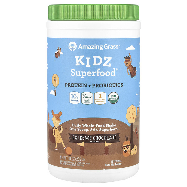 Kidz Superfood® Протеин + Пробиотики, Экстремальный Шоколад, 285 г, 10 г Протеина Amazing Grass