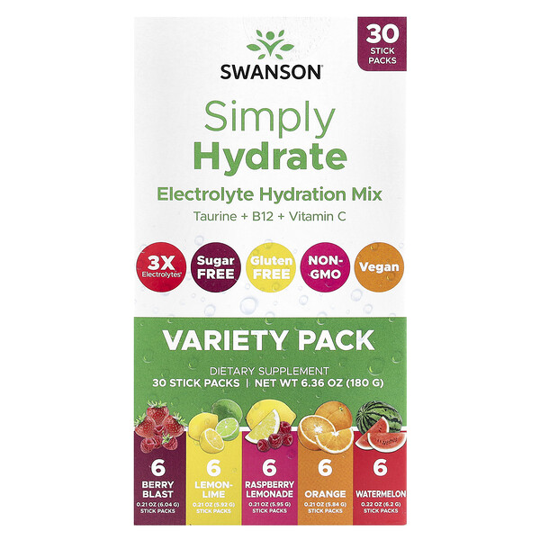 Simply Hydrate, Electrolyte Hydration Mix, Variety Pack, 30 Sticks Packs, 6.36 oz (180 g) Swanson