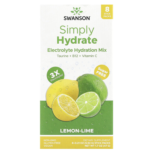 Simply Hydrate, Electrolyte Hydration Mix, Lemon-Lime, 8 Stick Packs, 0.21 oz (5.92 g) Each Swanson