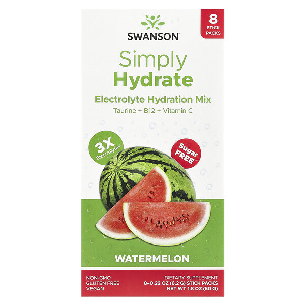 Simply Hydrate, Electrolyte Hydration Mix, Watermelon, 8 Stick Packs 0.22 oz (6.2 g) Each Swanson