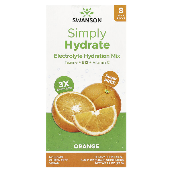 Simply Hydrate, Electrolyte Hydration Mix, Orange, 8 Stick Packs 0.21 oz (5.84 g) Each Swanson