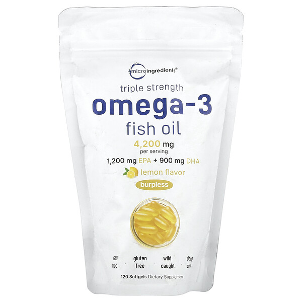 Omega-3 Fish Oil, Triple Strength, Lemon, 4,200 mg, 120 Softgels (1,400 mg per Softgel) Micro Ingredients