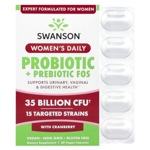 Women's Daily Probiotic + Prebiotic FOS With Cranberry, 35 Billion CFU, 60 Vegan Capsules Swanson