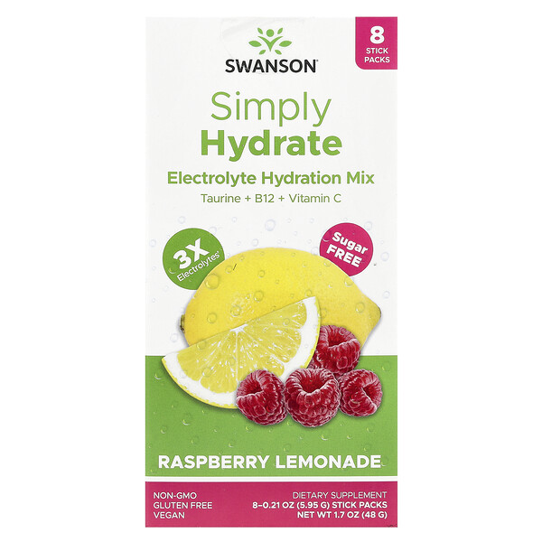 Simply Hydrate, Electrolyte Hydration Mix, Raspberry Lemonade, 8 Stick Packs 0.21 oz (5.95 g) Each Swanson