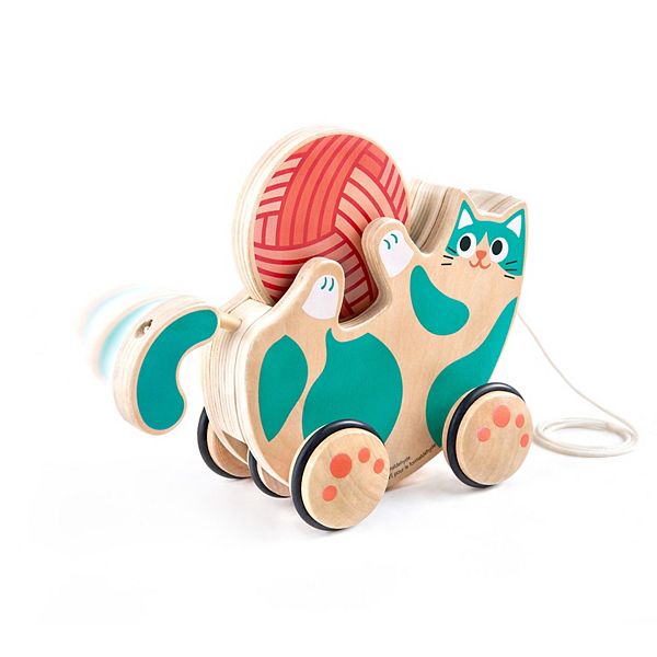 Hape Walk-A-Long: Roll & Rattle Kitten Teal Wooden Toddler Toy Hape