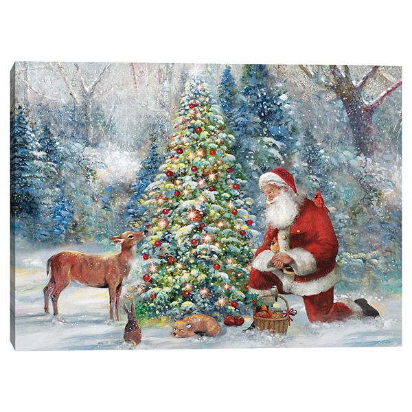 Santa's Outdoor Christmas Tree Gathering Stretched Canvas Wall Art Unbranded