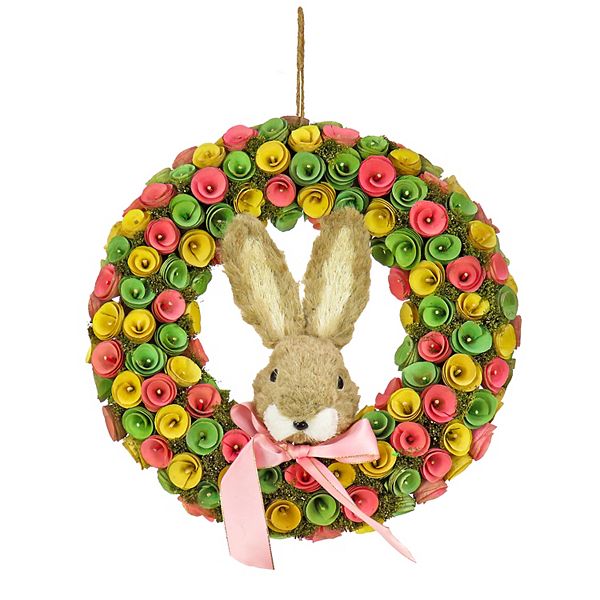 National Tree Company Bunny with Pink Bow Multi Color Wood Curl Wreath National Tree Company