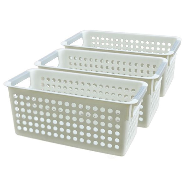 White Rectangular Plastic Shelf Organizer Basket With Handles Set Of 3 Basicwise