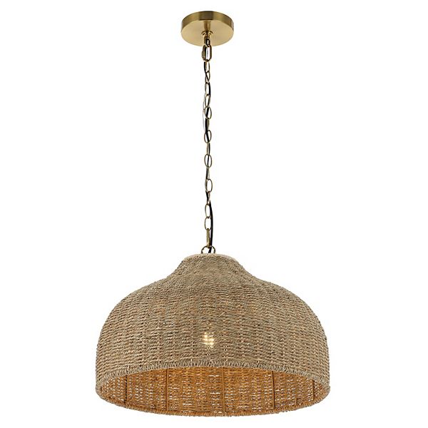 Eliza 20" 1-light Coastal Bohemian Rattan/iron Dome Led Pendant, Brown/brass Gold Jonathan Y Designs