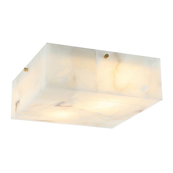 13" 2-light Modern Contemporary Alabaster/iron Square Led Flush Mount, White Marbling/brass Gold Jonathan Y Designs