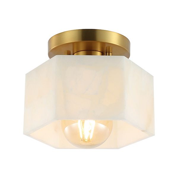 8" 1-light Modern Contemporary Alabaster/iron Hexagonal Led Semi Flush Mount, White Marbling/gold Jonathan Y Designs