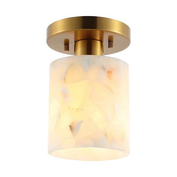 Jules 5.13" 1-light Alabaster/iron Cylinder Led Semi Flush Mount, White Marbling/brass Gold Jonathan Y Designs