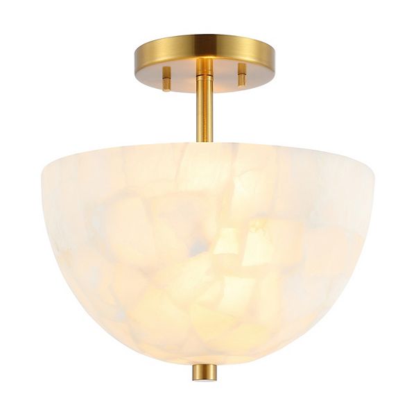 Celine 11.88" 2-light Alabaster/iron Inverted Dome Led Semi Flush Mount, White Marbling/brass Gold Jonathan Y Designs