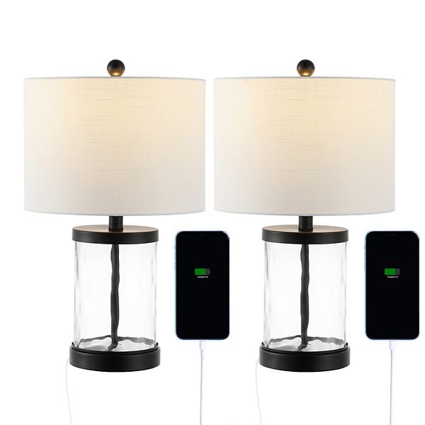 21" Modern Designer Iron/water Glass Led Table Lamp With Usb Charging Port, Black/clear (set Of 2) Jonathan Y Designs