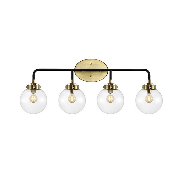 Caleb  30.75" 4-light Contemporary Transitional Iron/glass Led Vanity Light, Brass Gold/black Jonathan Y Designs