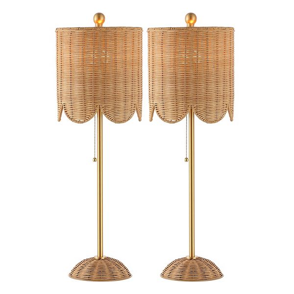 27.5" Rattan/iron Scalloped Buffet Led Table Lamp With Pull Chain, Natural/brass Gold (set Of 2) Jonathan Y Designs