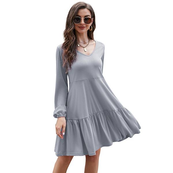 Women Casual Long Sleeve Black Dress,v Neck Tiered Dresses Ruffle Babydoll Dress With Pockets Kojooin