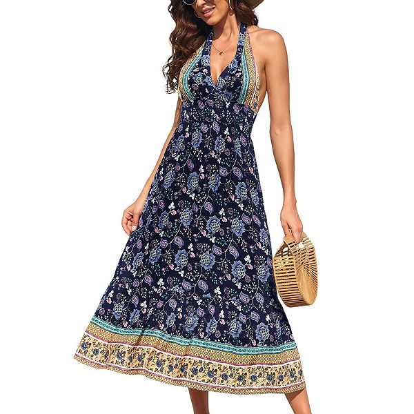 Women's Boho Deep V Neck Backless Flowy Floral Maxi Beach Dress Kojooin