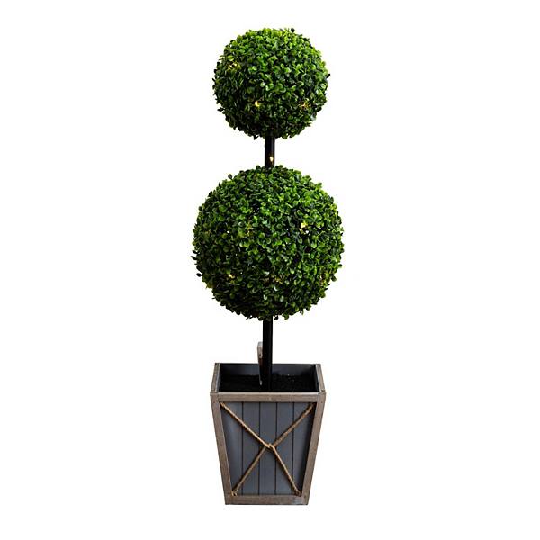 nearly natural 3-ft. Indoor / Outdoor UV Resistant Artificial Double Ball Boxwood Topiary with LED Lights in Decorative Planter Floor Decor NEARLY NATURAL