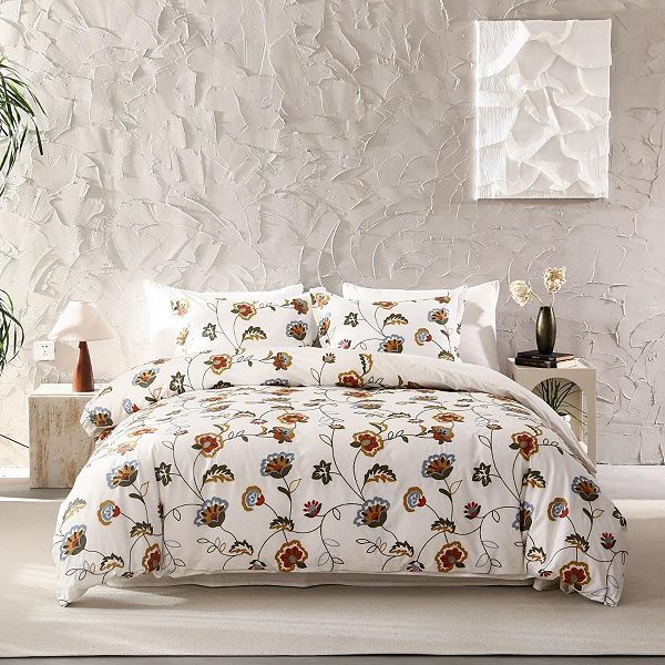 Cotton Crewel Embroidered Floral Duvet Cover 3pcs Set Wholinens