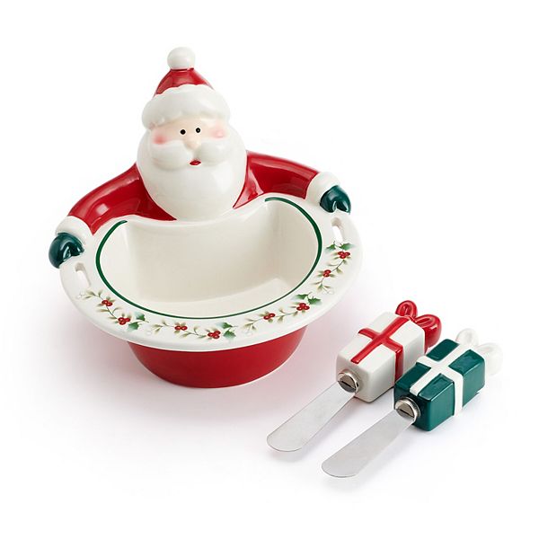 Pfaltzgraff Winterberry Santa Dip Bowl & Spreaders Set Pfaltzgraff