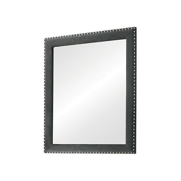 Cale 40 Inch Modern Portrait Mirror, Velvet Upholstery, Nailhead Trim, Gray Benzara