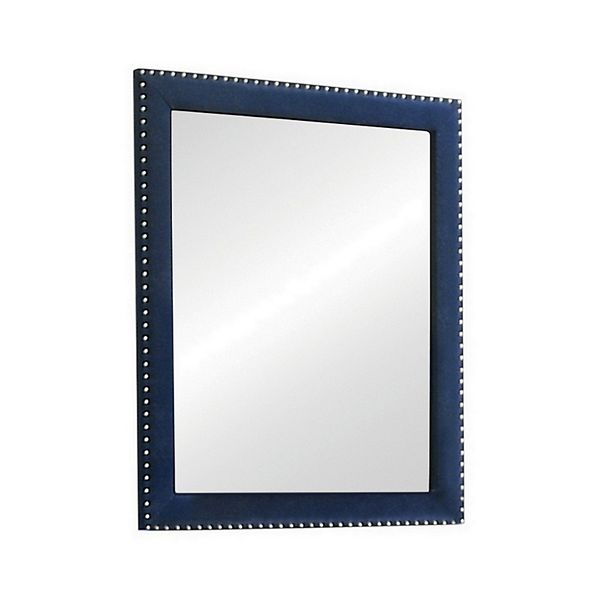 Cale 40 Inch Modern Glam Portrait Mirror, Nailhead, Blue Velvet Upholstered Benzara