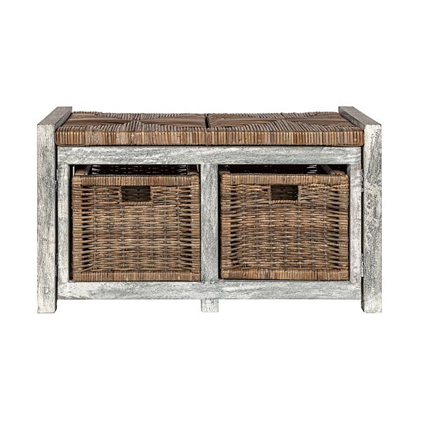 Rustic 2 Drawer Wicker Storage Bench Happimess