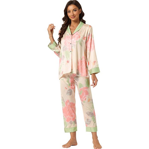 Women's Pajamas Floral Button Down Silk Lounge Sets Cheibear